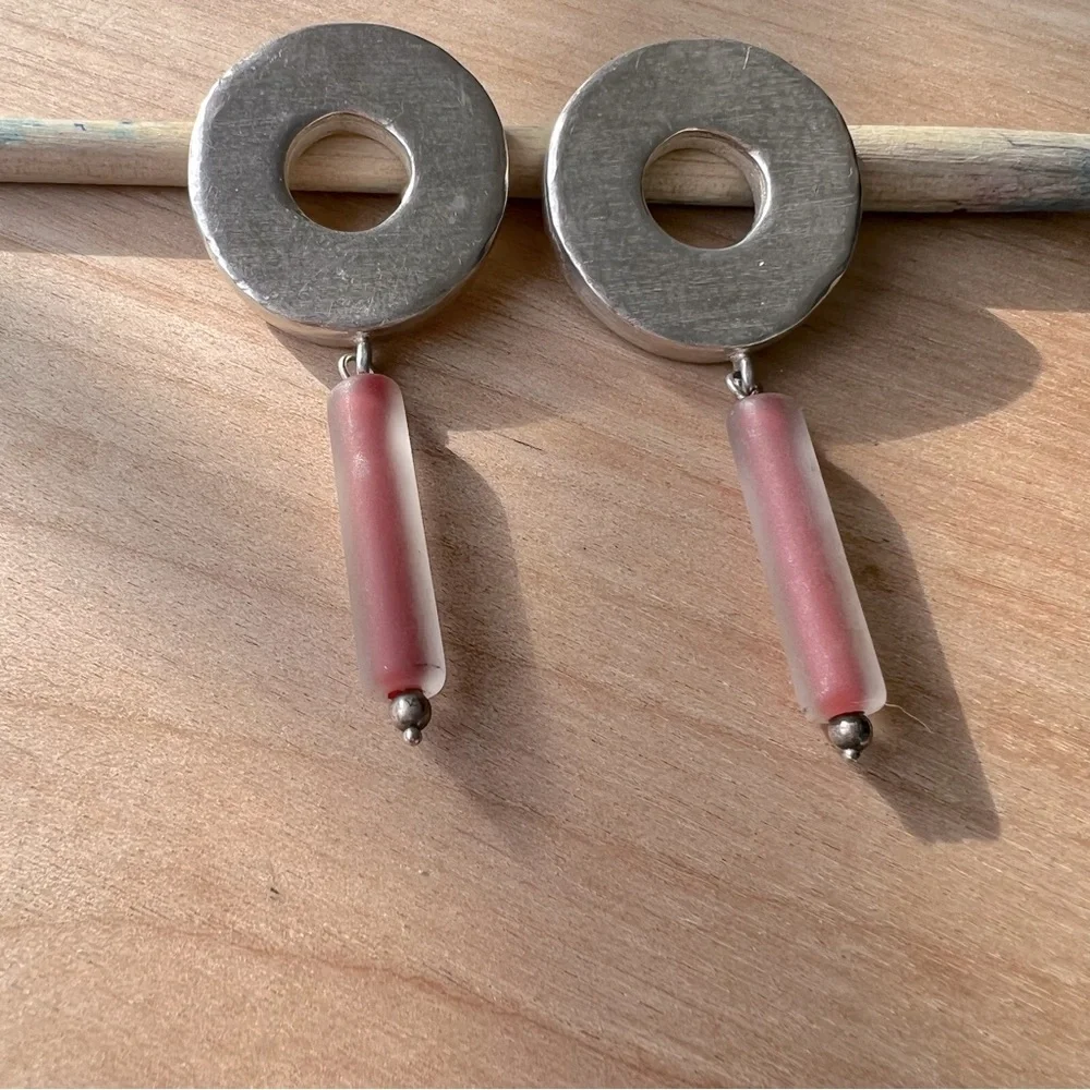 Retro mid century modern style silver earrings with frosted glass bead